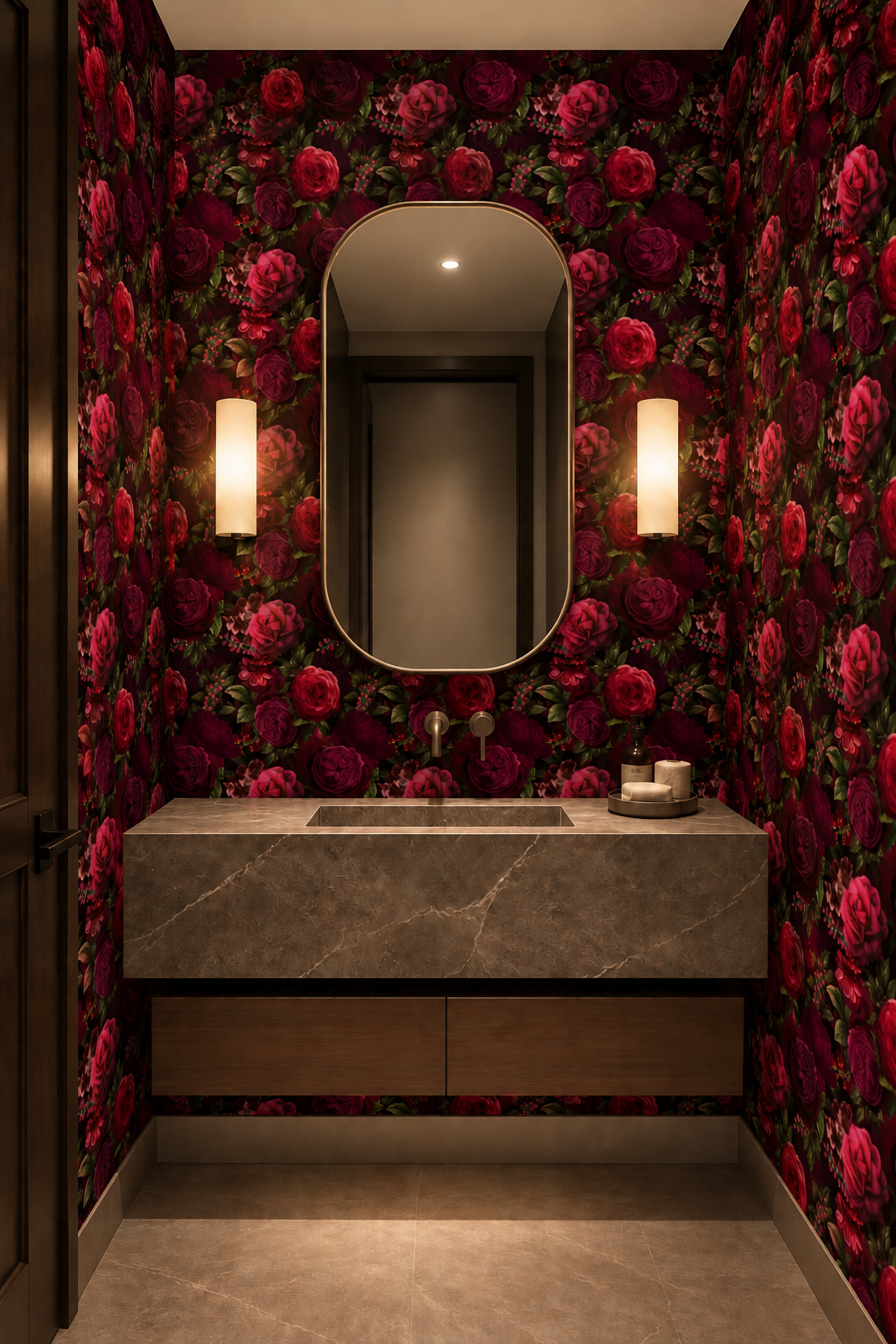 powder room wallpaper with bold floral mural for small bathrooms