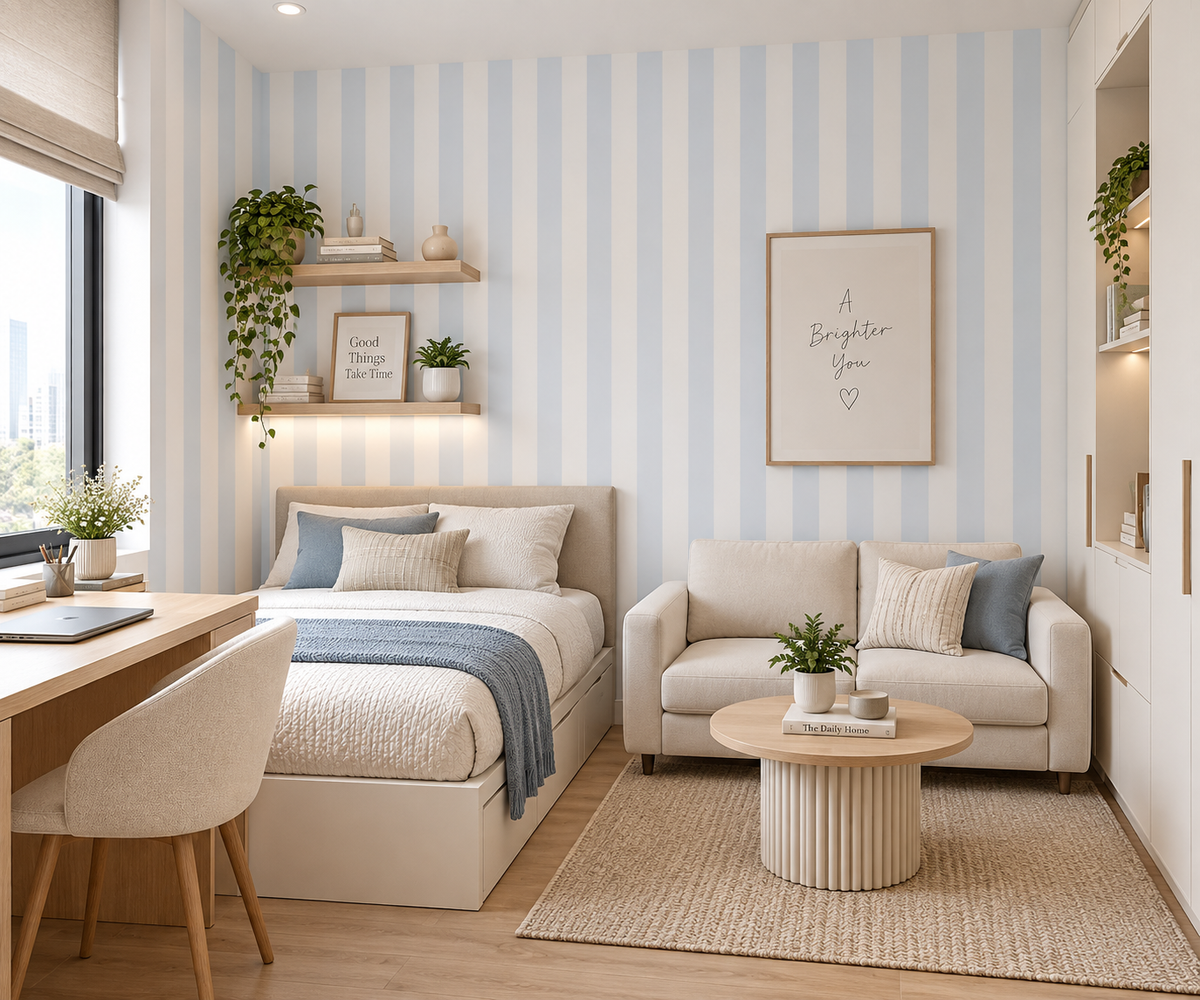 small room wallpaper mural with light airy space-expanding design