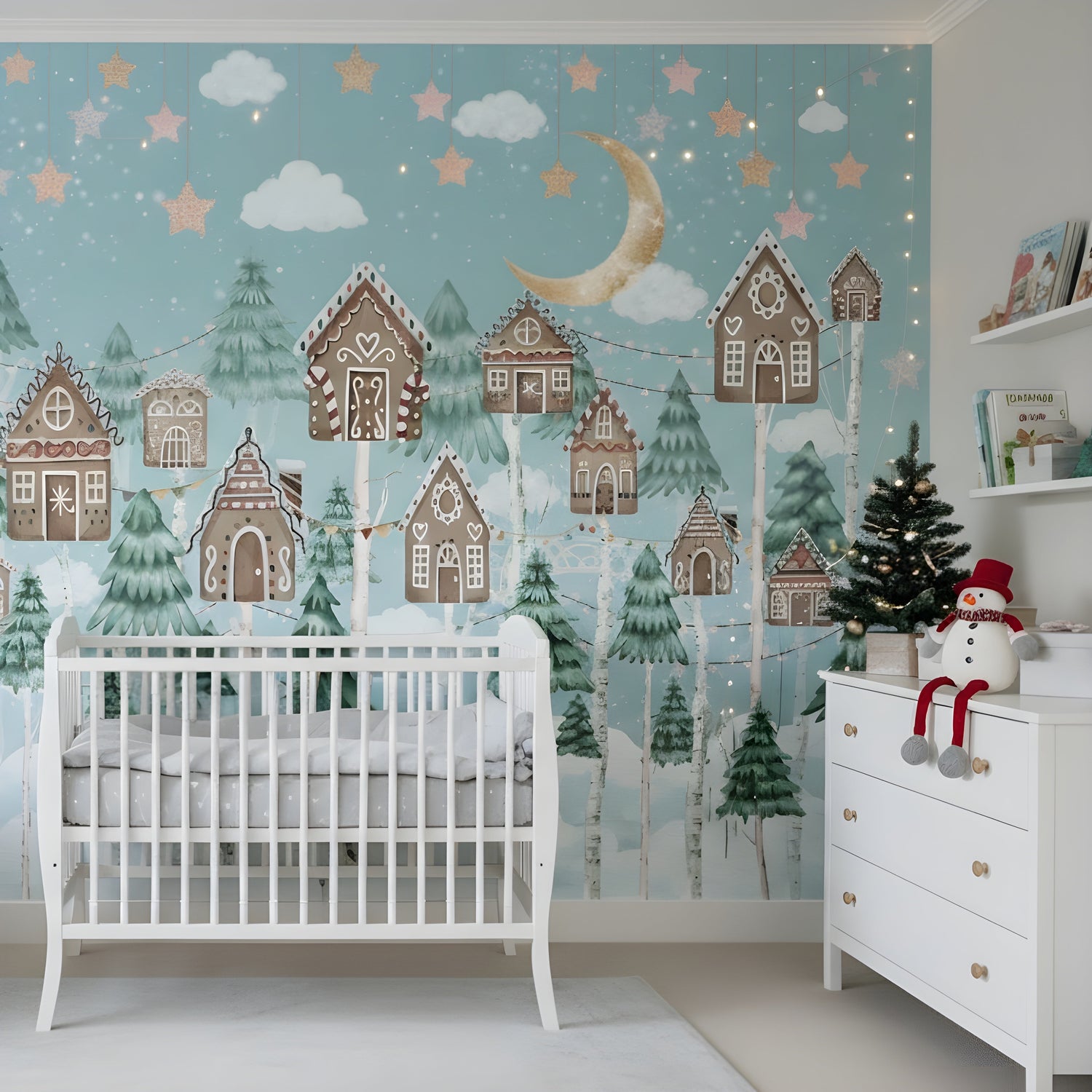 Snow wallpaper mural with snowy mountain peaks, pine forest and soft winter sky