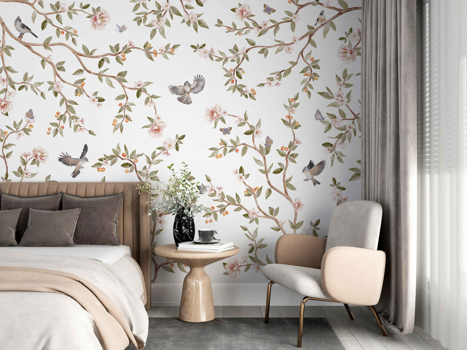Summer wallpaper mural with tropical palm trees and ocean horizon in bright daylight tones 