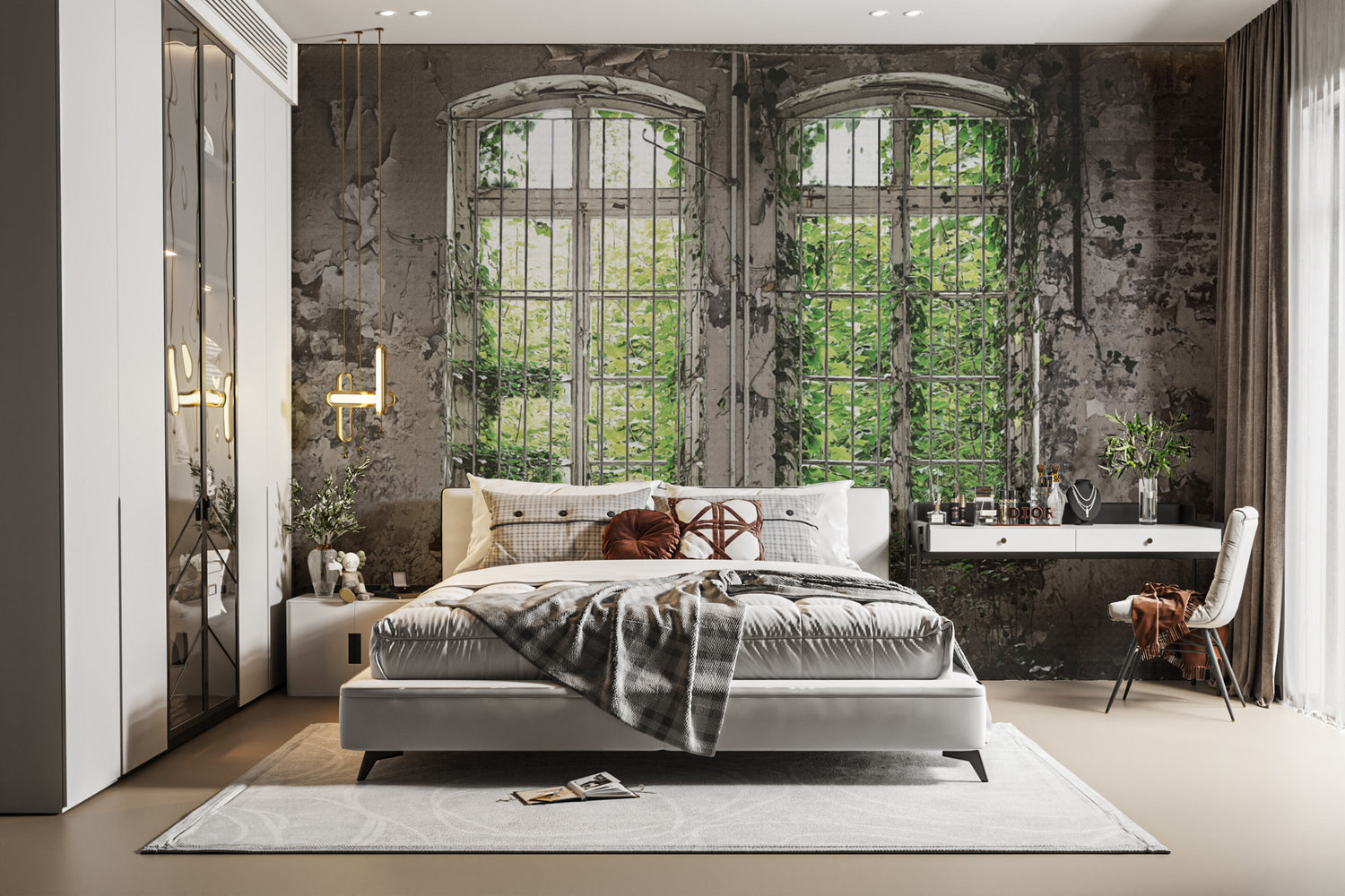 faux window wallpaper mural with rustic window overgrown with vines