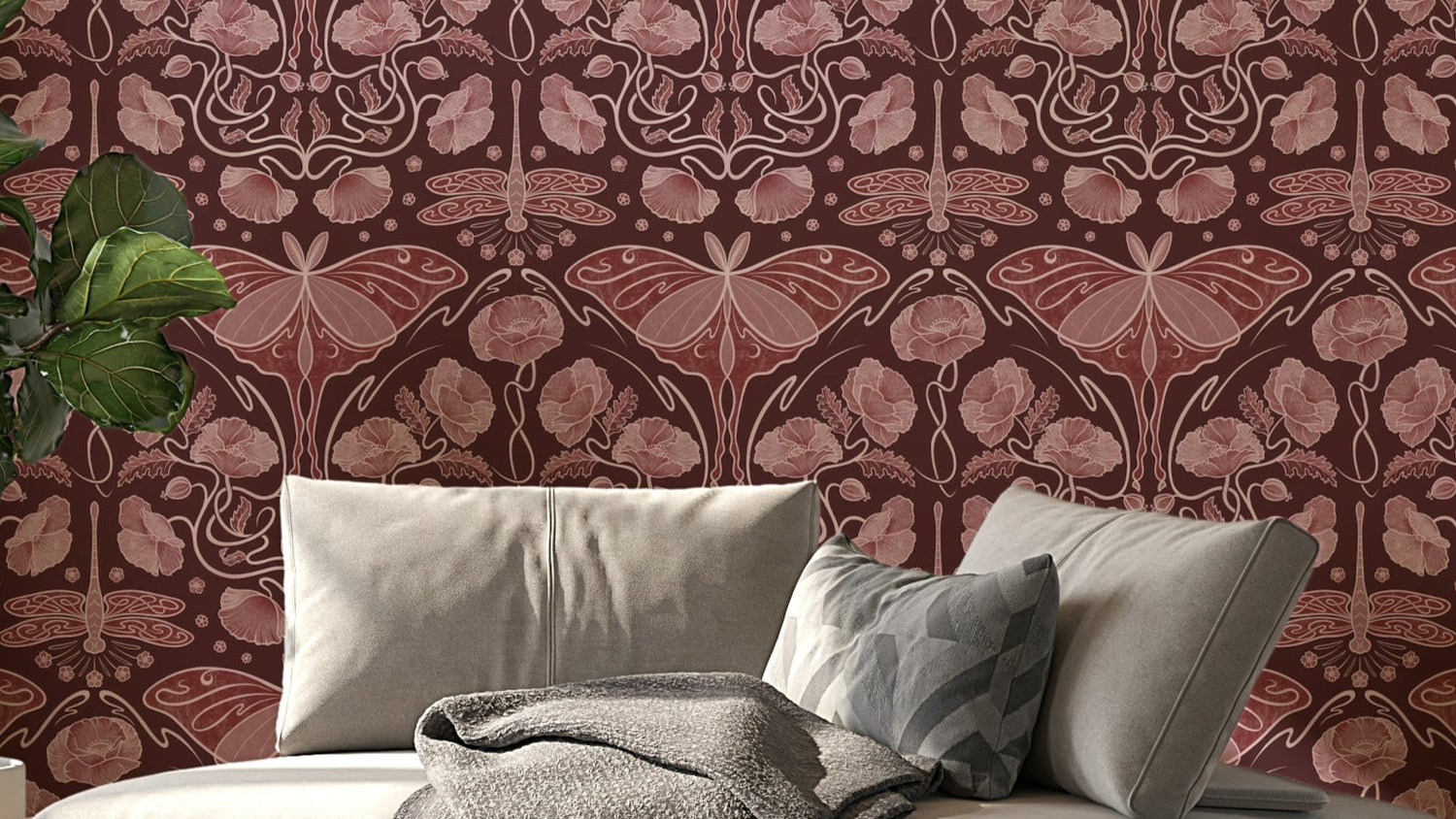 art nouveau wallpaper with flowing floral vines and mucha-style mural