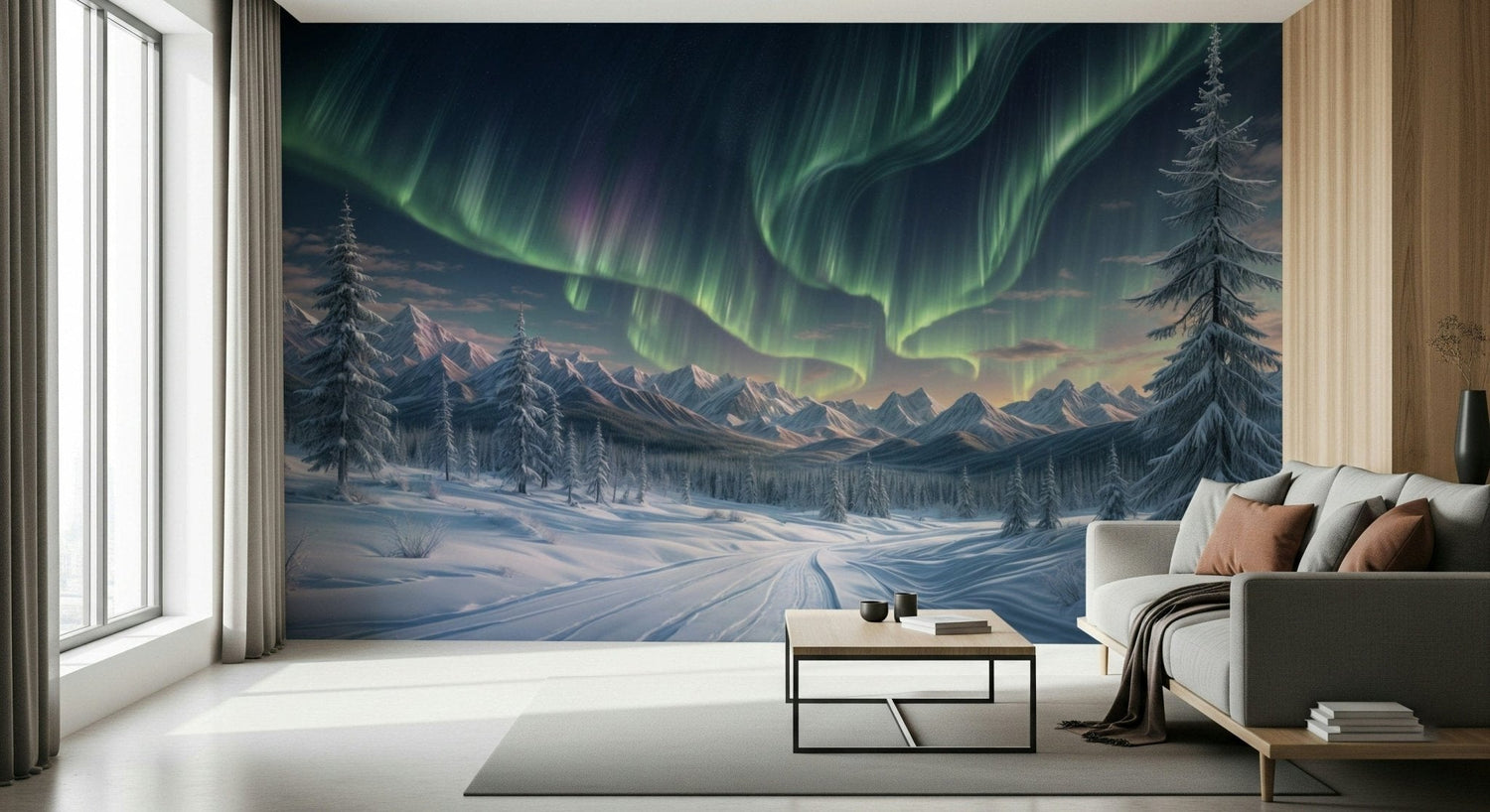 aurora wallpaper with northern lights glowing over a night sky mural