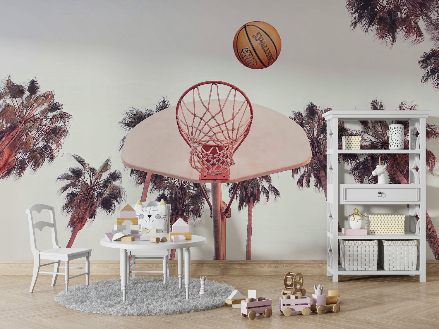 basketball wallpaper mural with court and hoop design for kids rooms