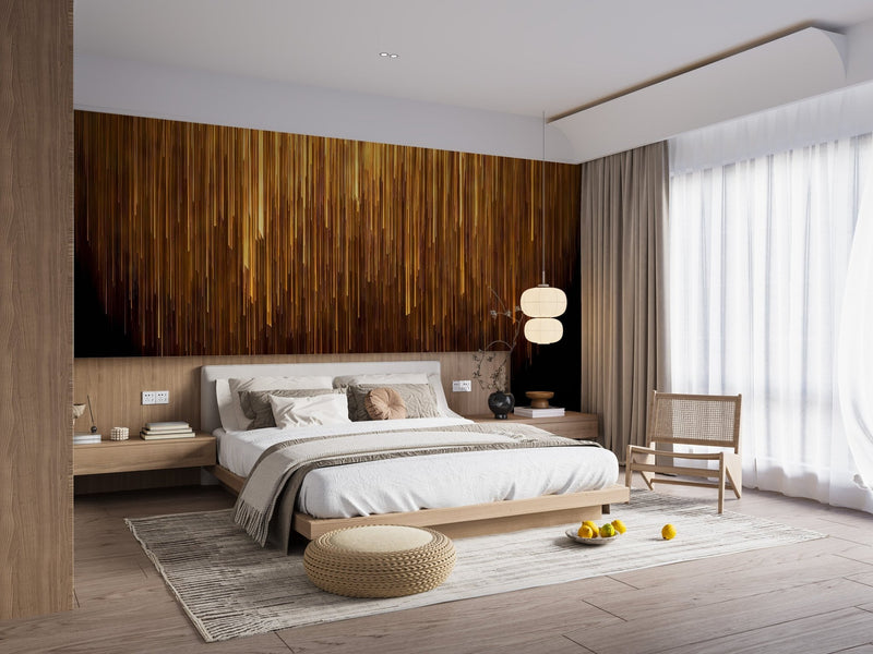 A serene master bedroom featuring elegant floral bedroom wallpaper on the wall behind a plush, neatly made bed.