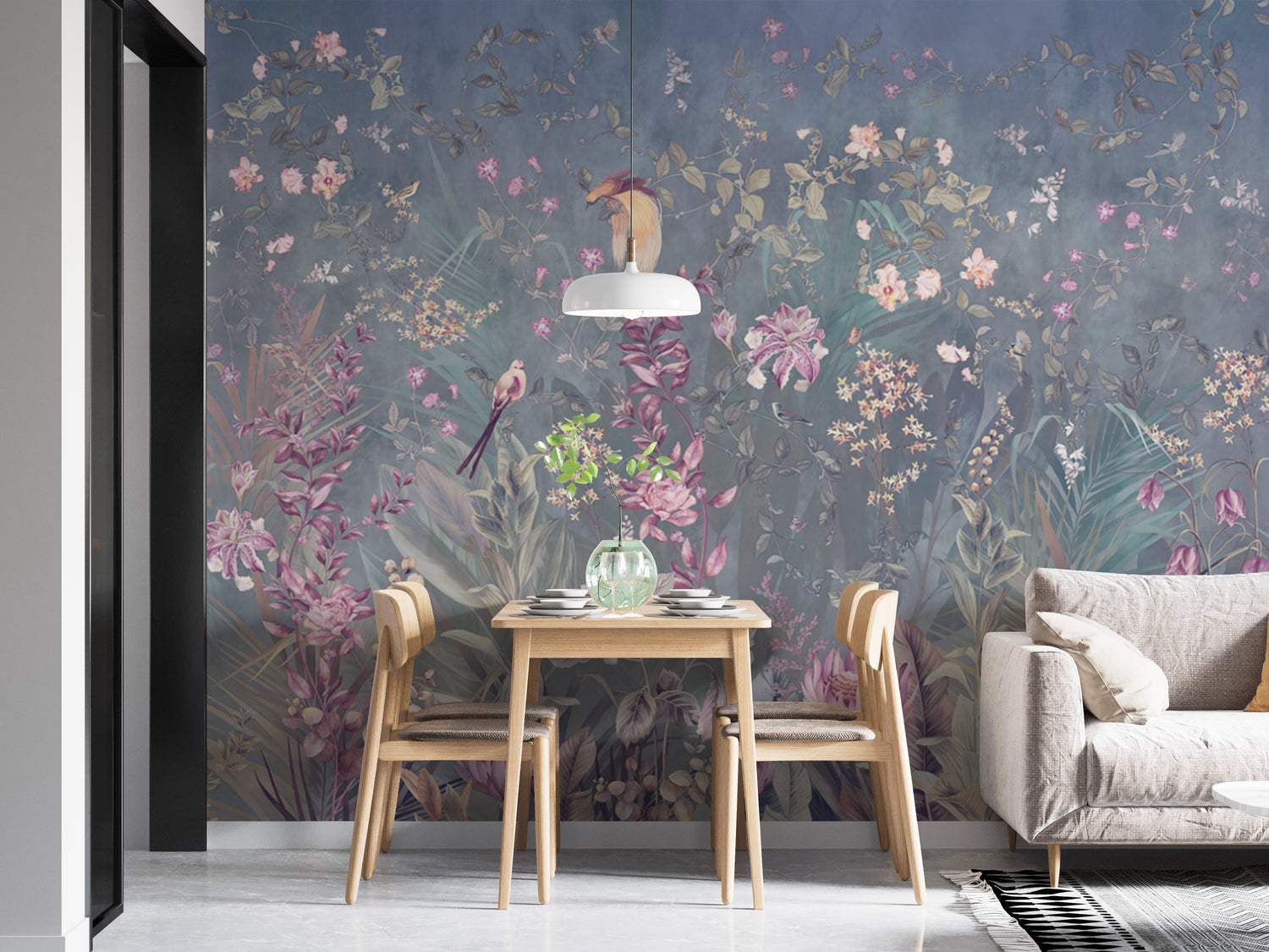lavender wallpaper with soft purple floral and watercolor murals