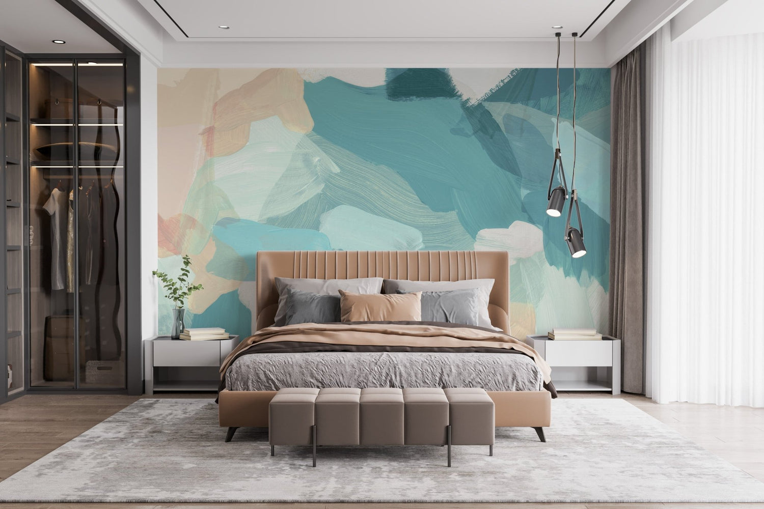 A modern living room with a statement wall featuring a bold, blue and gold abstract brush stroke wallpaper.