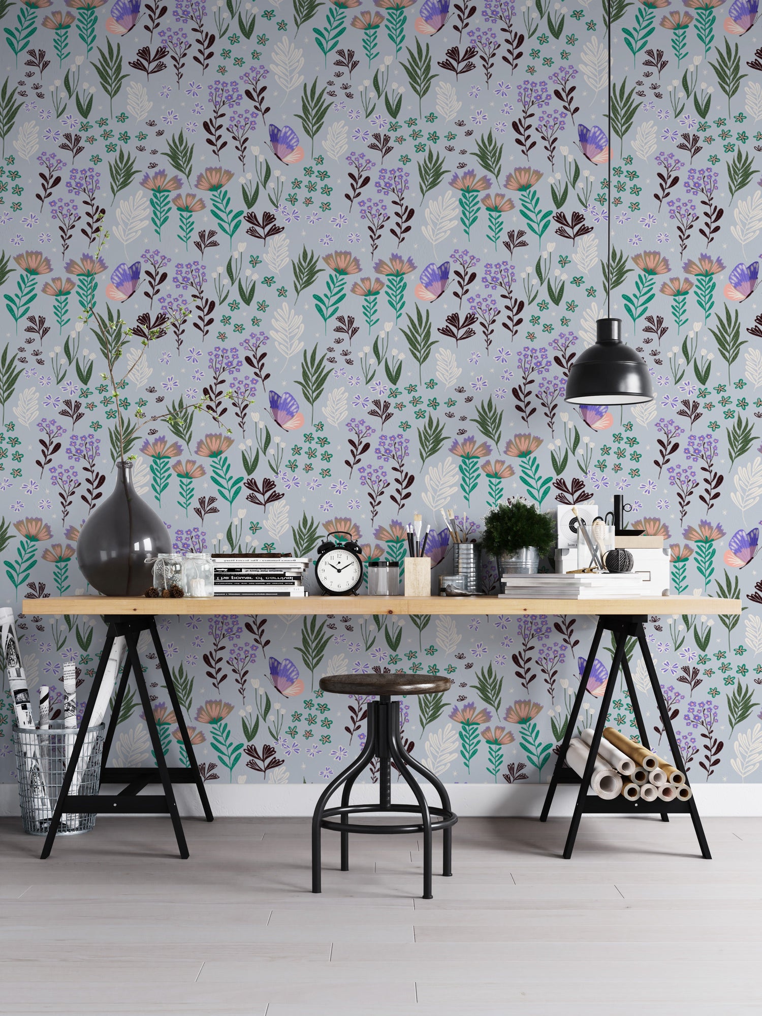 insect wallpaper with butterfly, beetle and bee mural detail