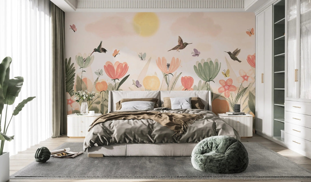 Spring wallpaper mural with cherry blossom branches and soft pastel meadow florals 