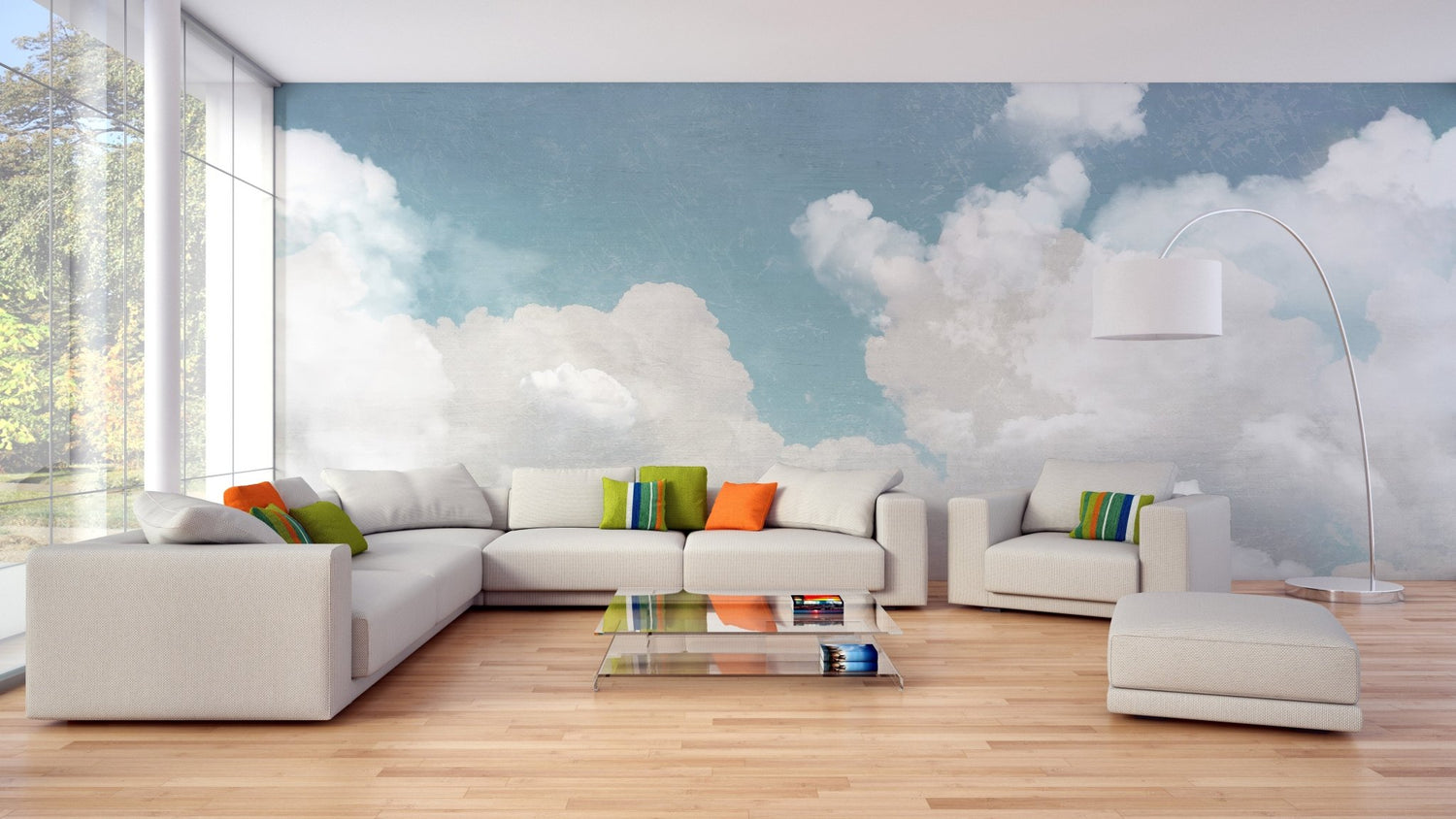 Close-up of cloud wallpaper, showcasing a serene pattern of soft white clouds against a pale blue sky, perfect for a calming interior design.