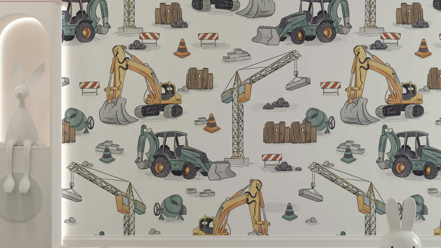 construction wallpaper with trucks, diggers, and site murals for kids rooms
