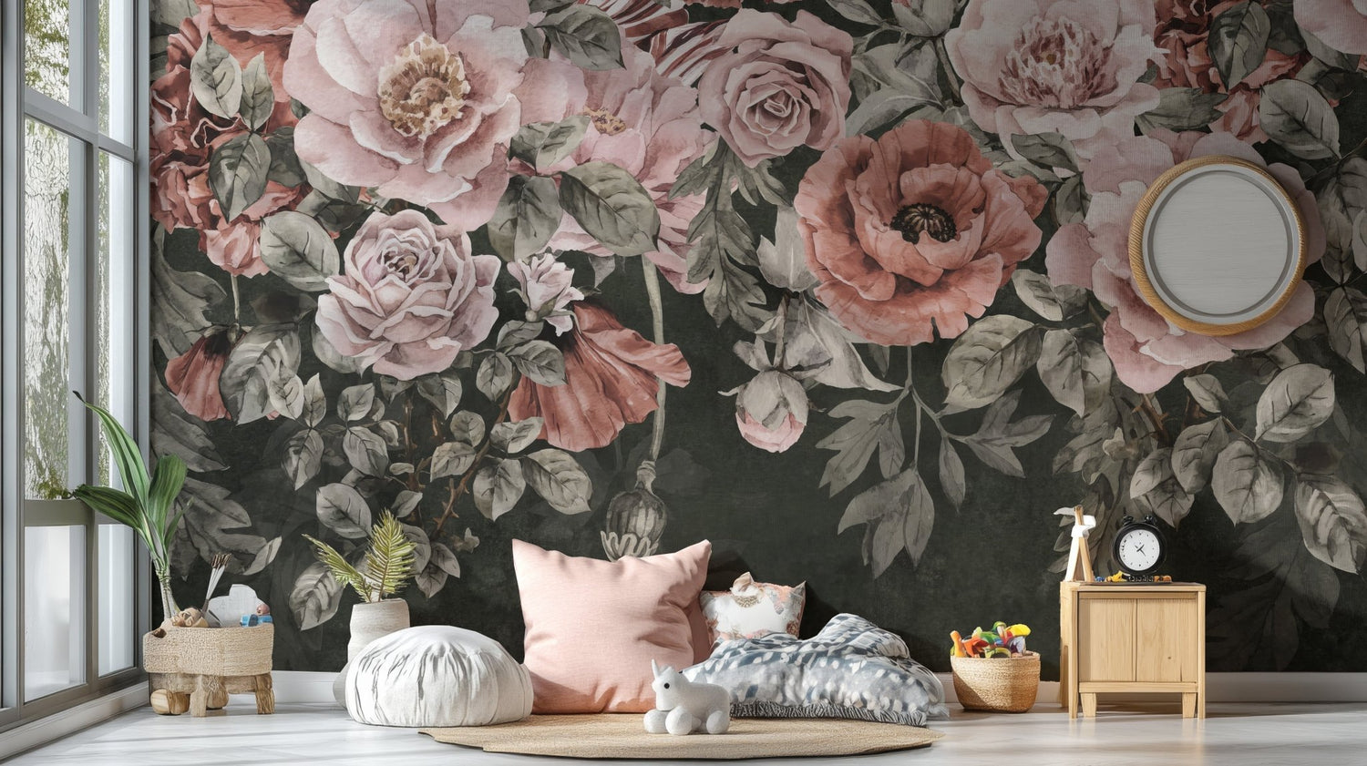 Living room with a gray sofa against a feature wall with large, pink and white vintage floral wallpaper.
