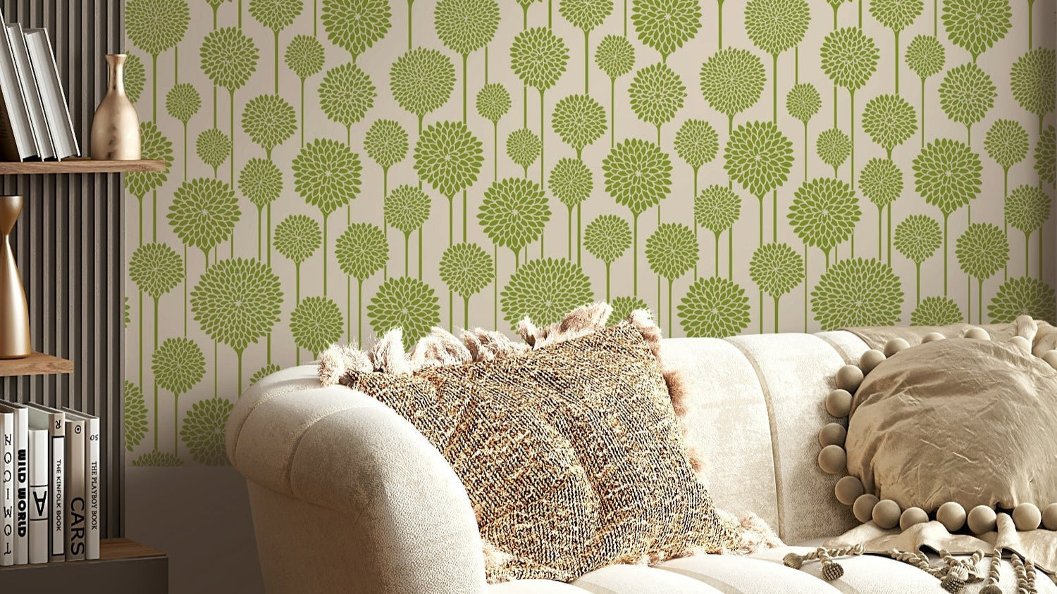 sage green wallpaper with soft botanical and leaf murals