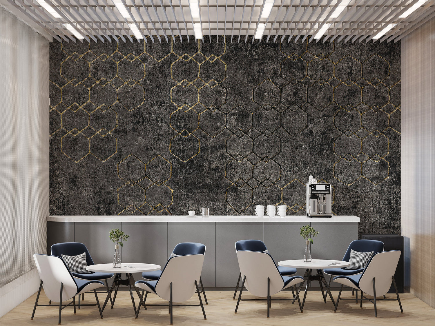 hexagon wallpaper with honeycomb geometric mural on a modern wall