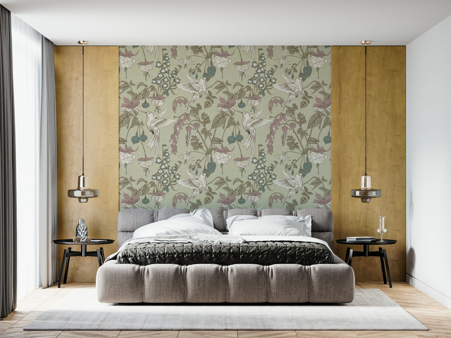 hummingbird wallpaper with delicate birds among blossoms and vines