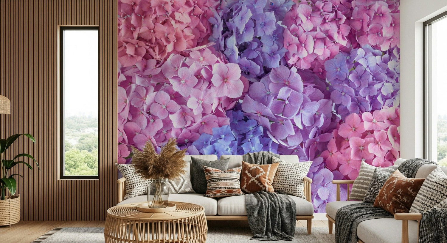 hydrangea wallpaper with full blue and lilac bloom murals