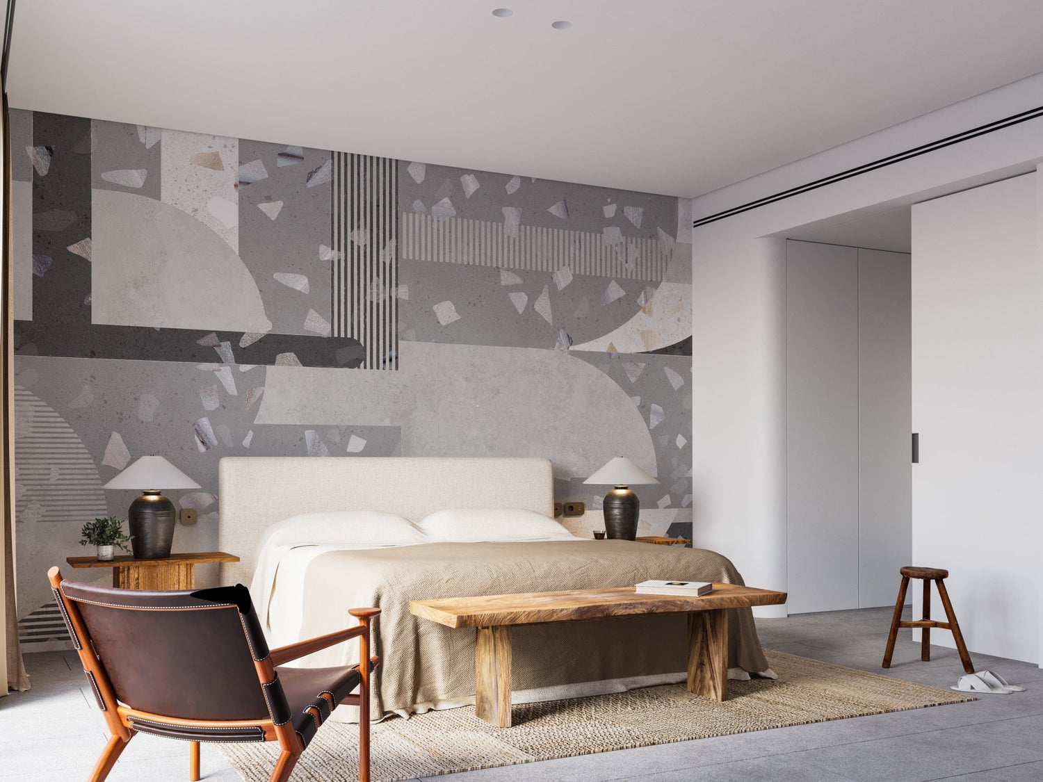 A roll of industrial wallpaper unfurled to show a realistic, weathered metallic pattern.