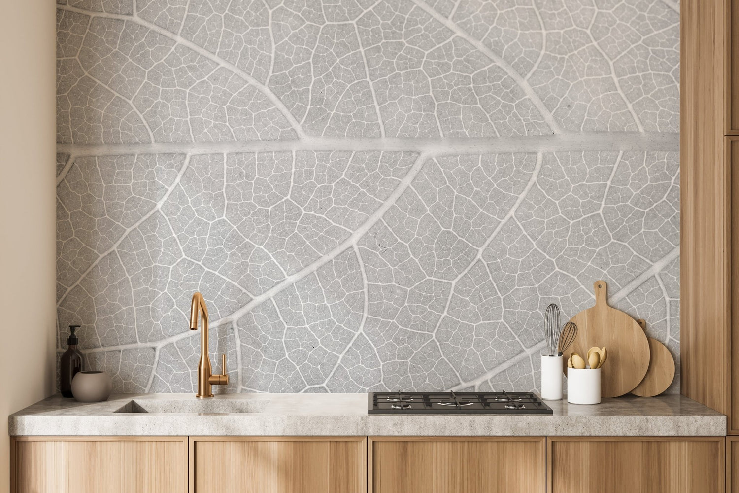 Modern kitchen showcasing a stylish accent wall with patterned kitchen wallpaper.