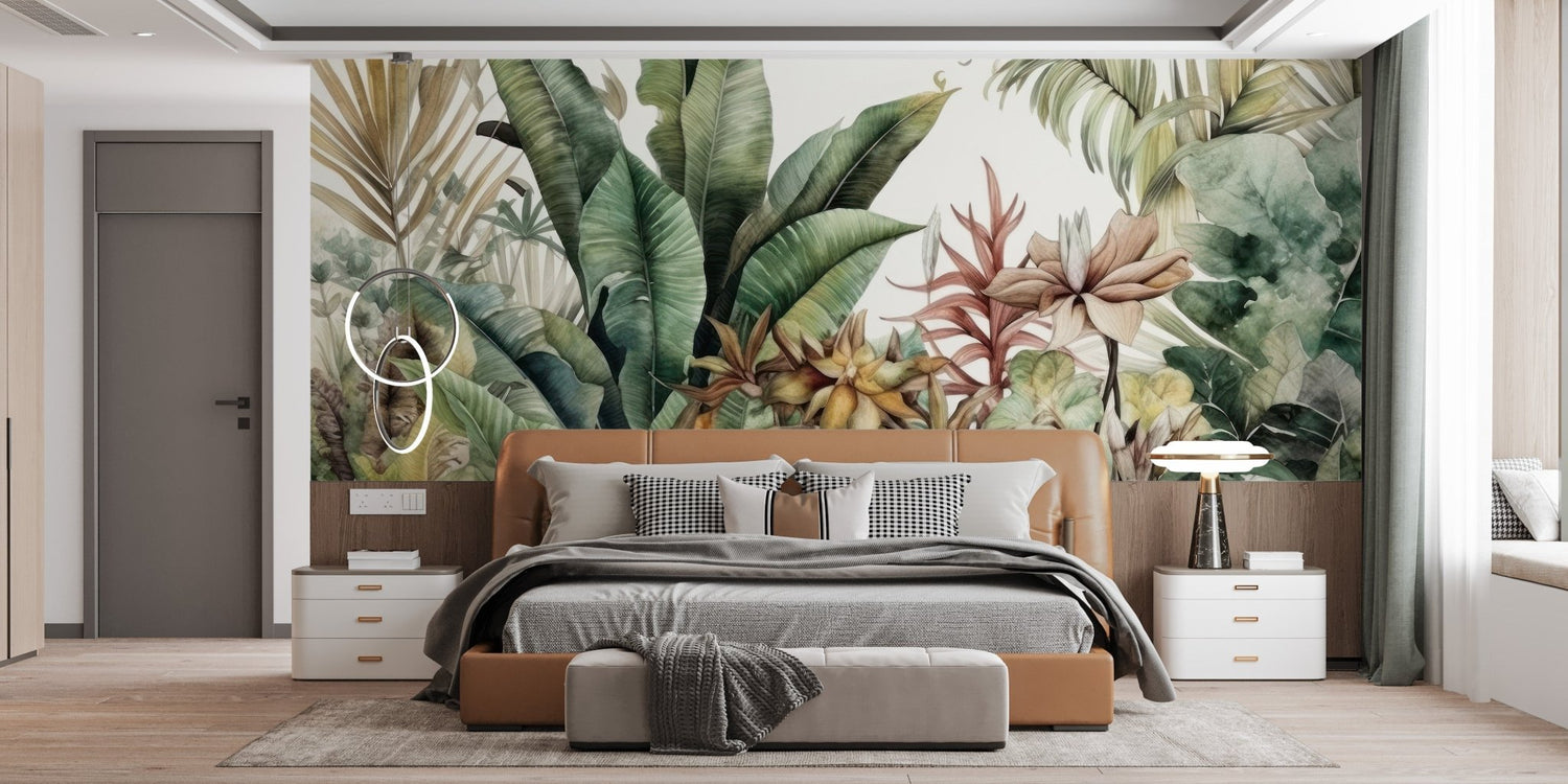 Close-up of modern leaf wallpaper showing an abstract banana foliage pattern.