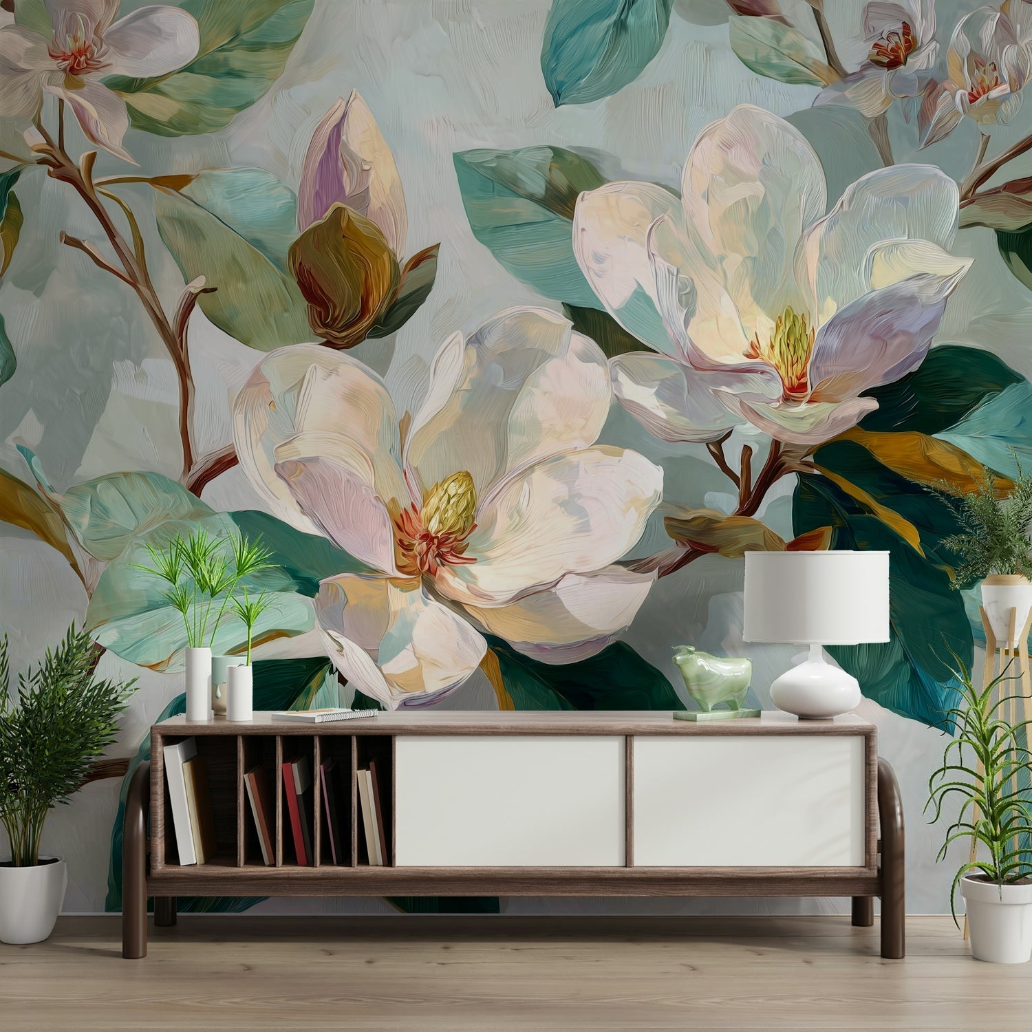 magnolia wallpaper with cream and blush bloom branch murals