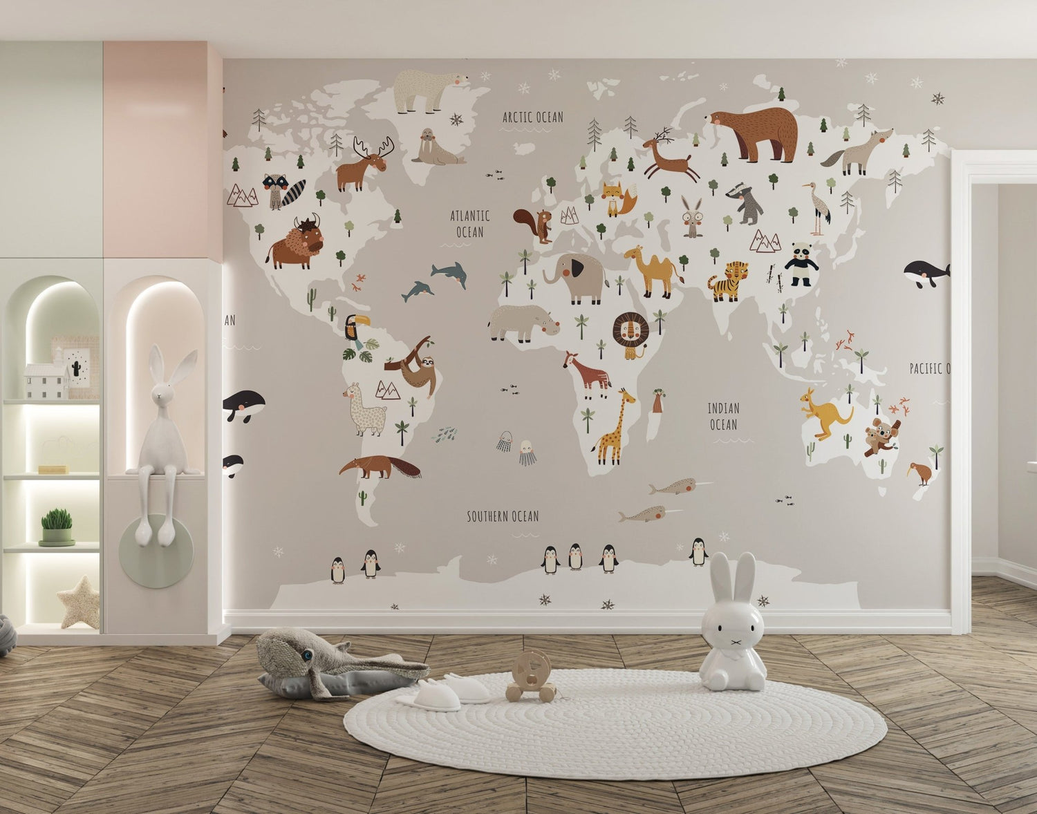 Vibrant cartoon kids map wallpaper featuring colorful continents and cheerful wild animals.