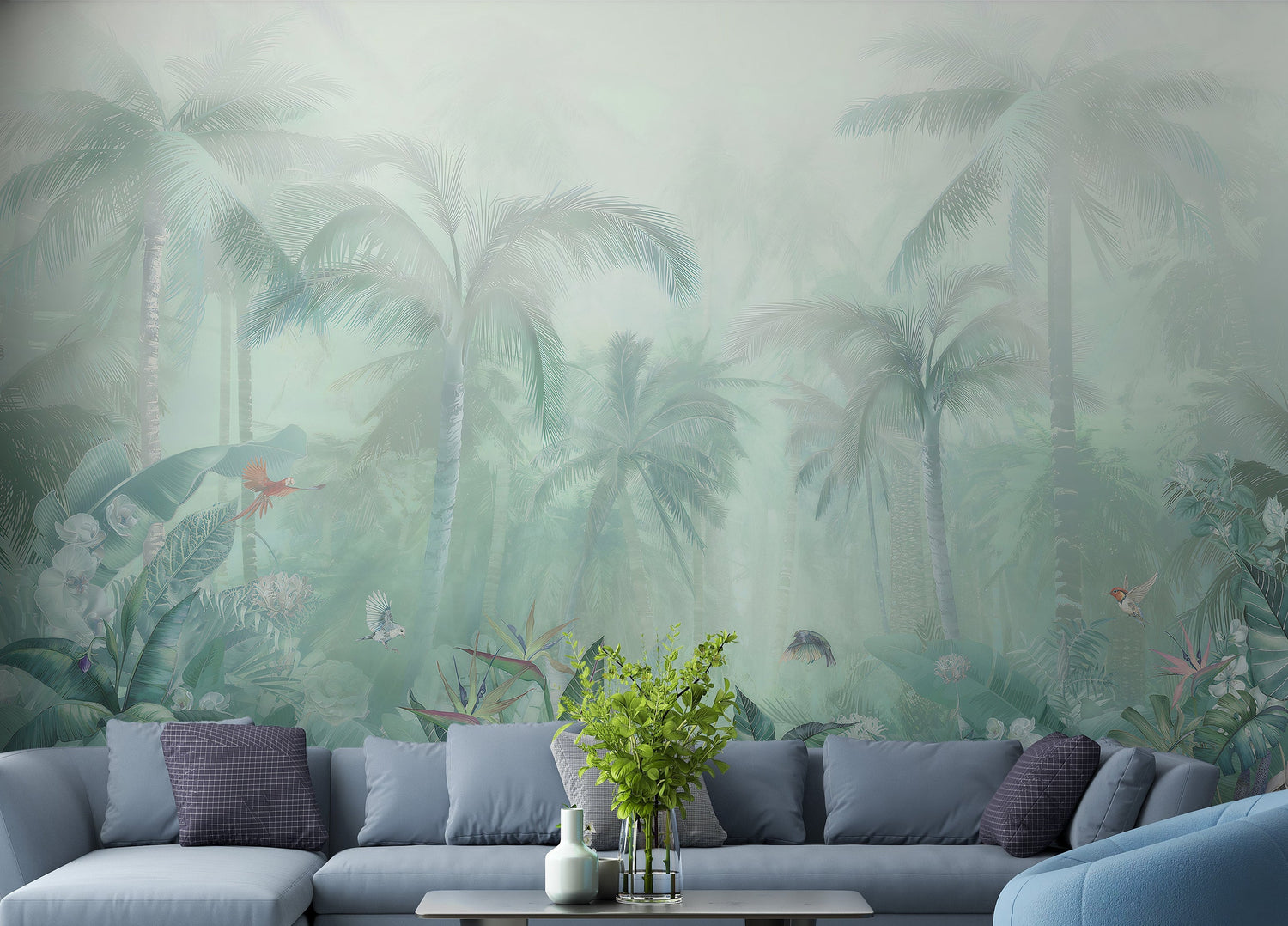 mint wallpaper with fresh pale green botanical murals