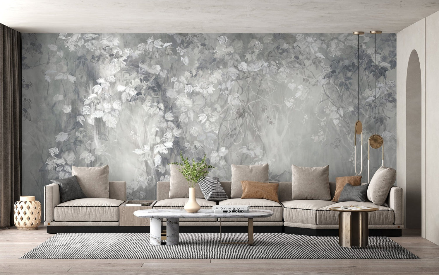 Modern living room accent wall featuring geometric monochrome wallpaper in black and white tones.