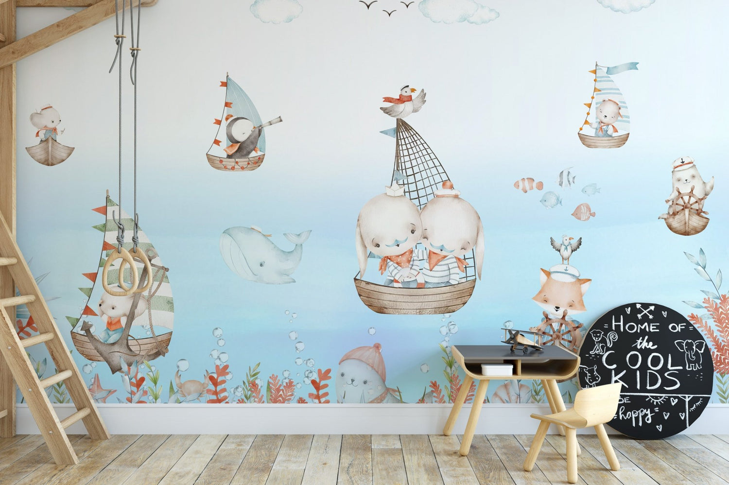 nautical wallpaper featuring a ship's anchor and compass on a light blue maritime background