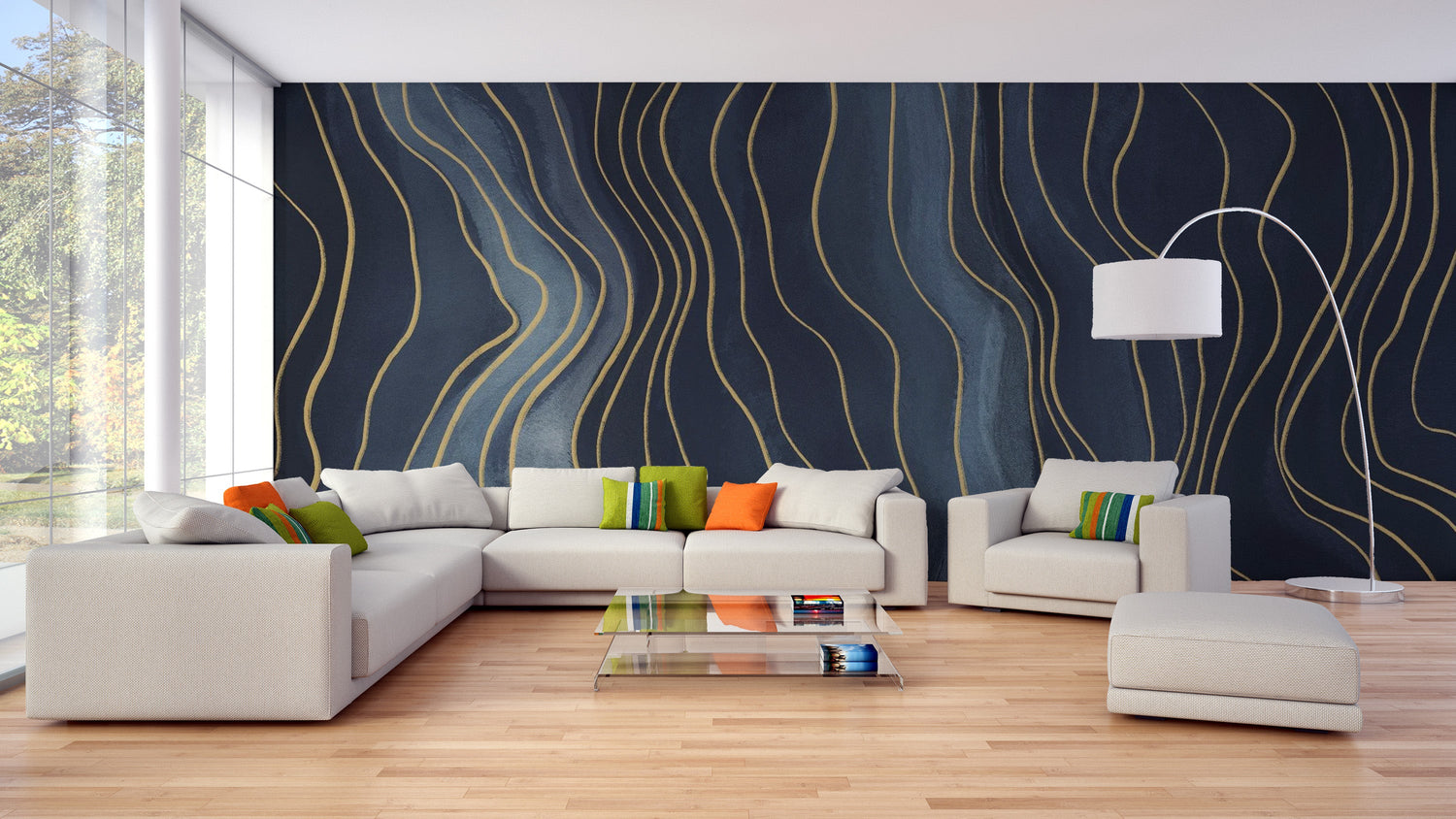 navy blue wallpaper with deep moody mural designs