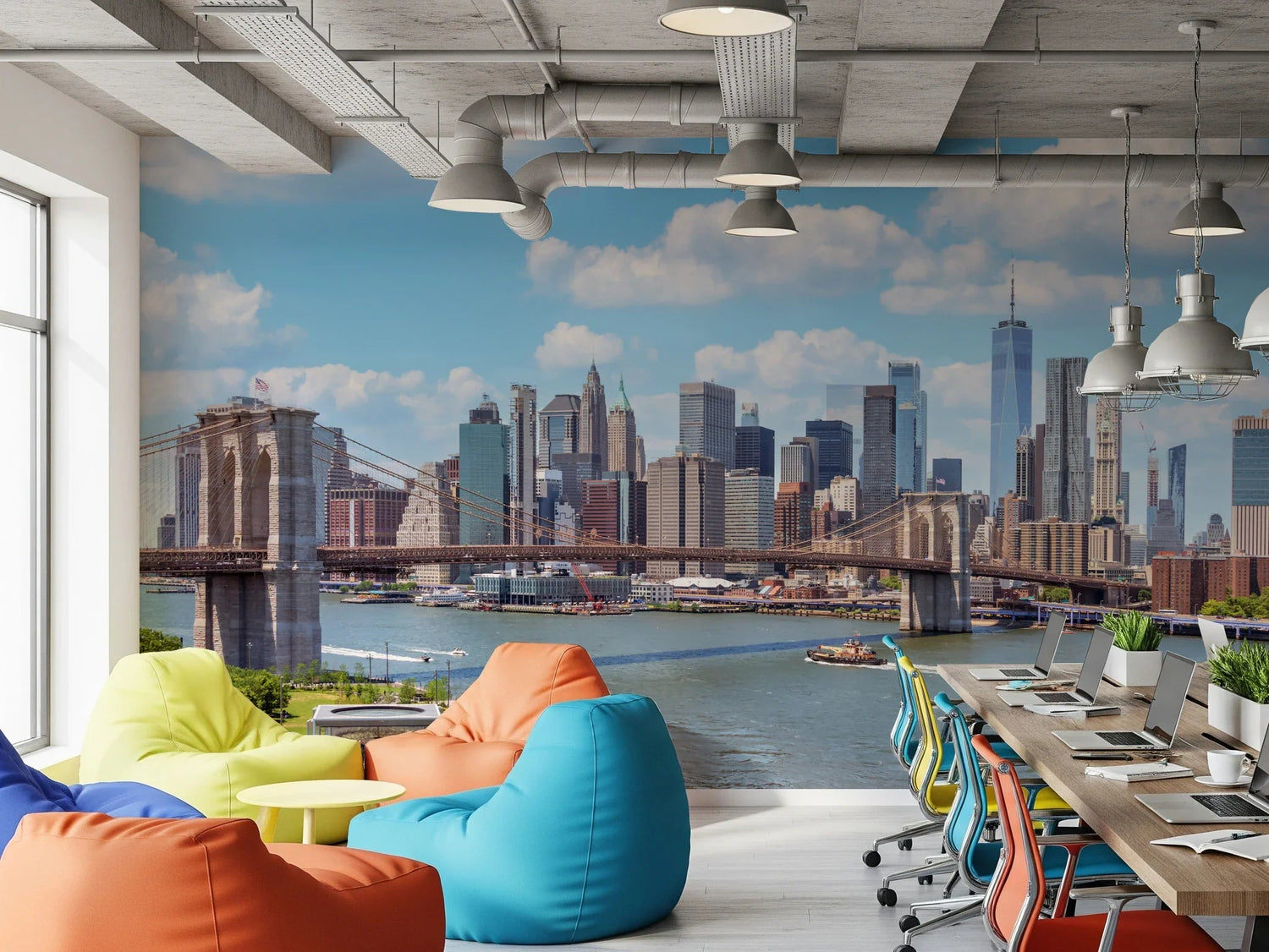 Office wallpaper mural printed across a full workspace feature wall