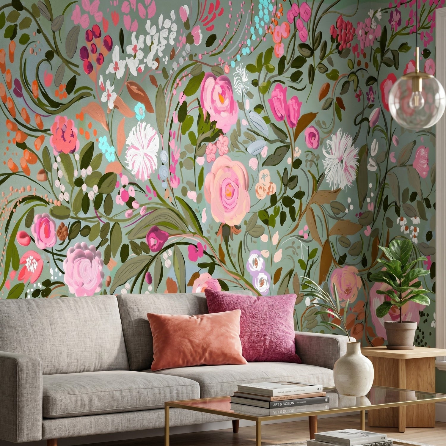Painterly wallpaper mural with pink roses and green foliage on a sage background behind a gray sofa