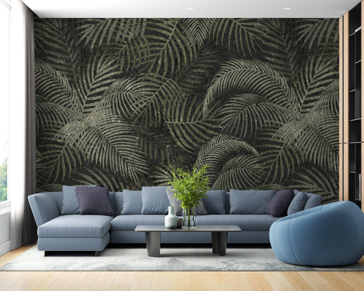 Detailed close-up of a palm leaf wallpaper pattern, showing the vibrant green fronds and textured finish.