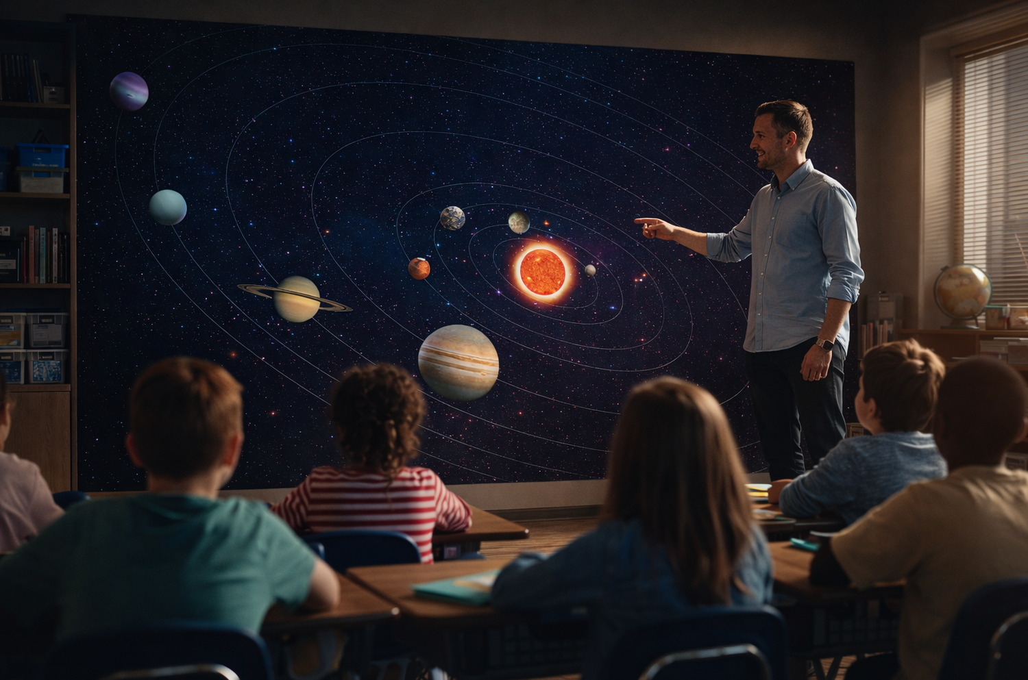 Modern classroom interior featuring a creative educational school wallpaper mural to inspire learning.