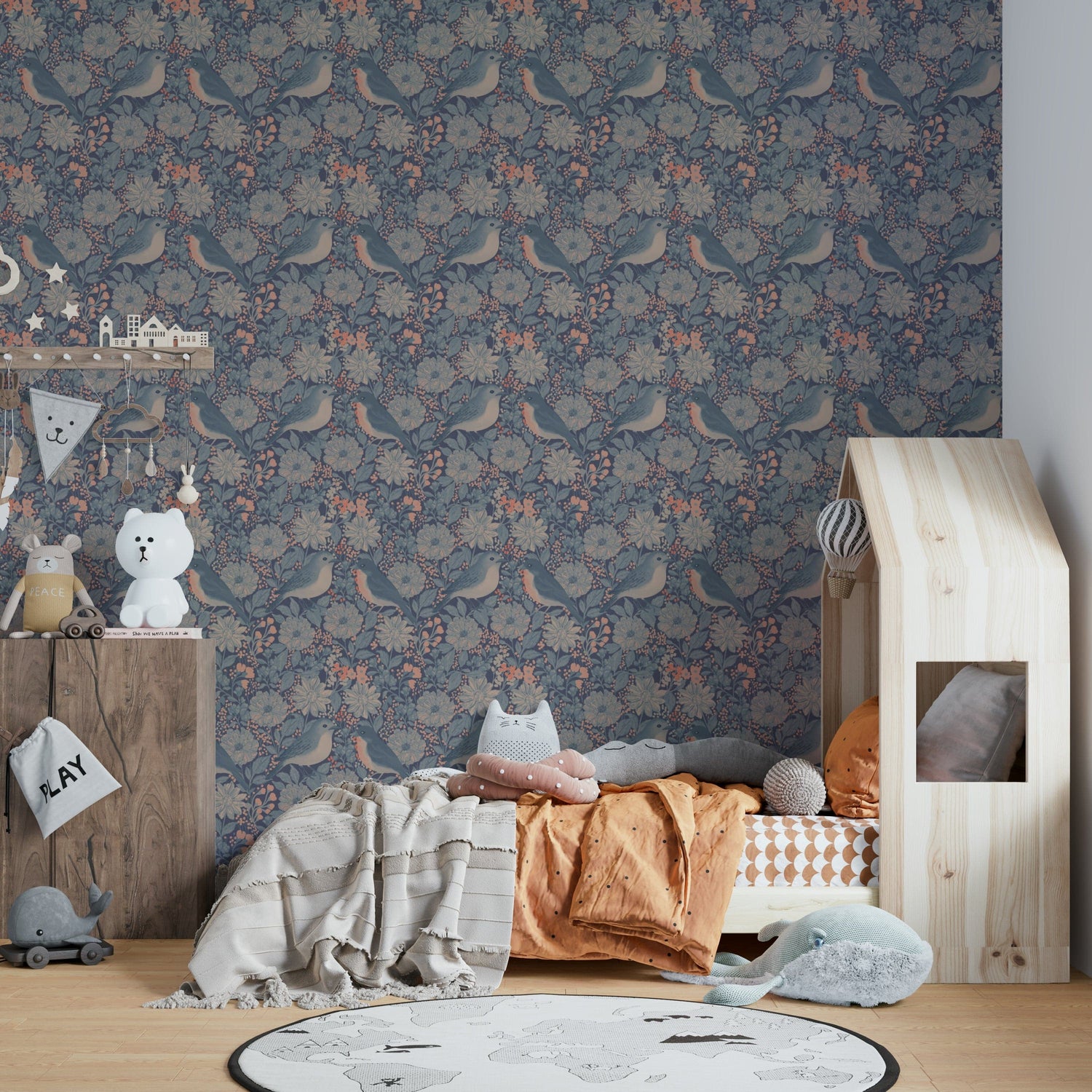 sparrow wallpaper with small garden birds on branches mural