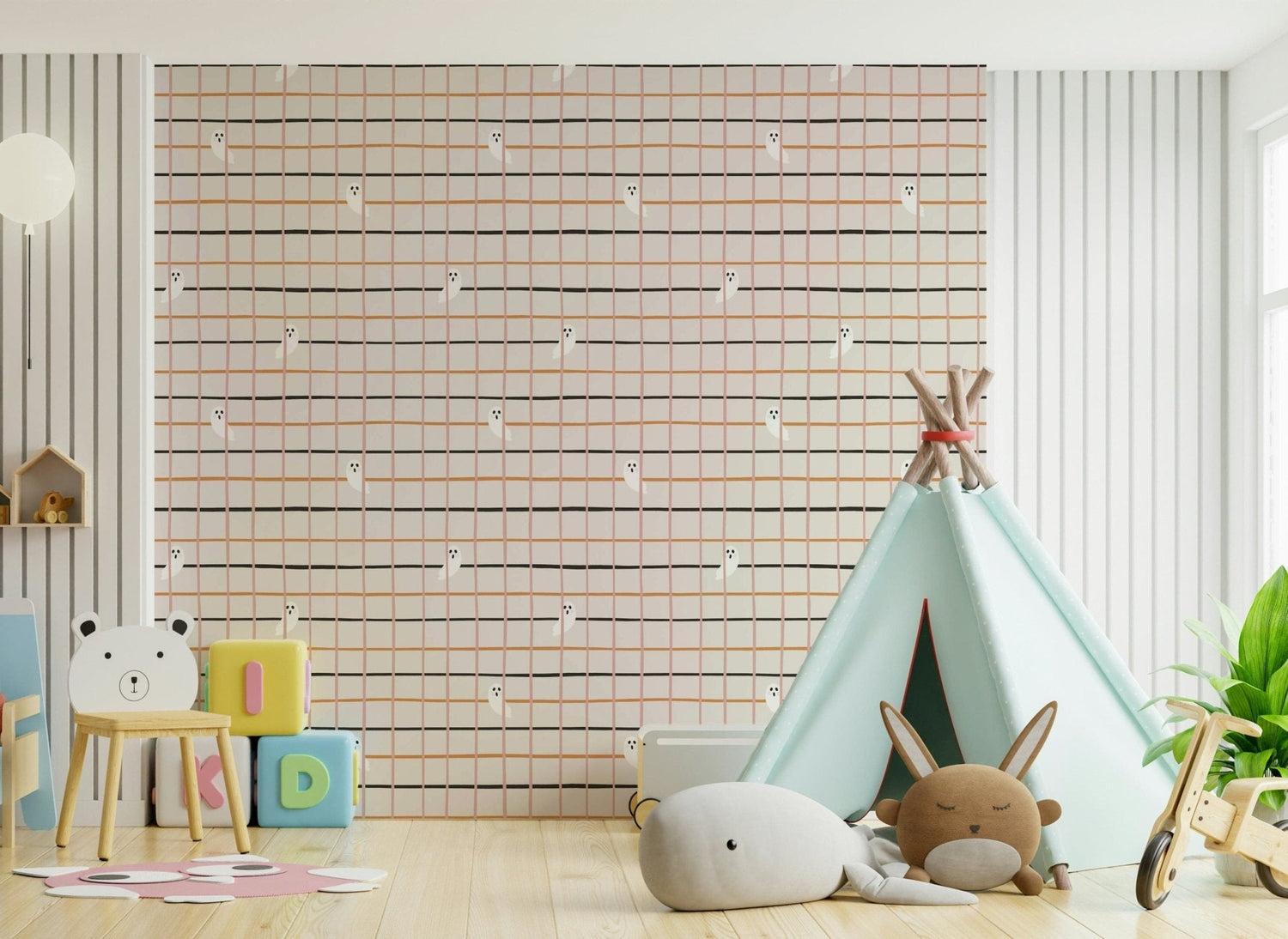 cute ghost wallpaper mural with playful spooky scenes for kids rooms
