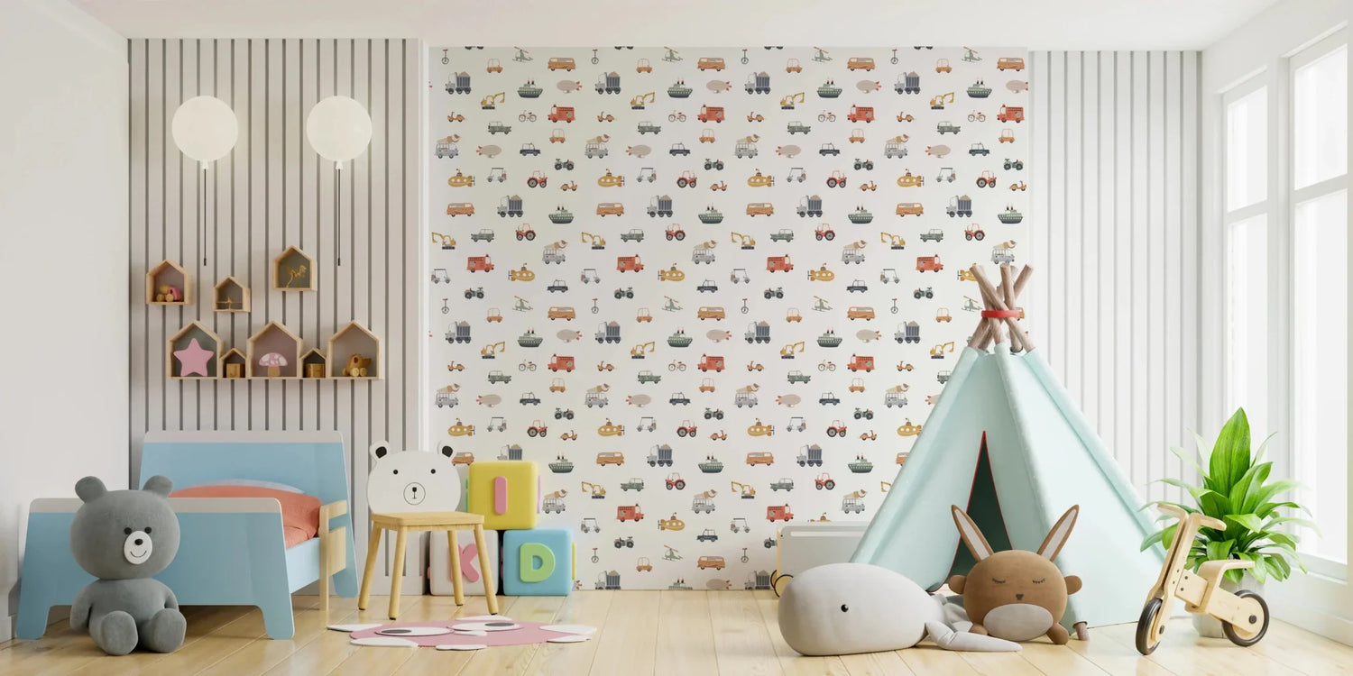 transportation wallpaper with planes trains and cars mural for kids room