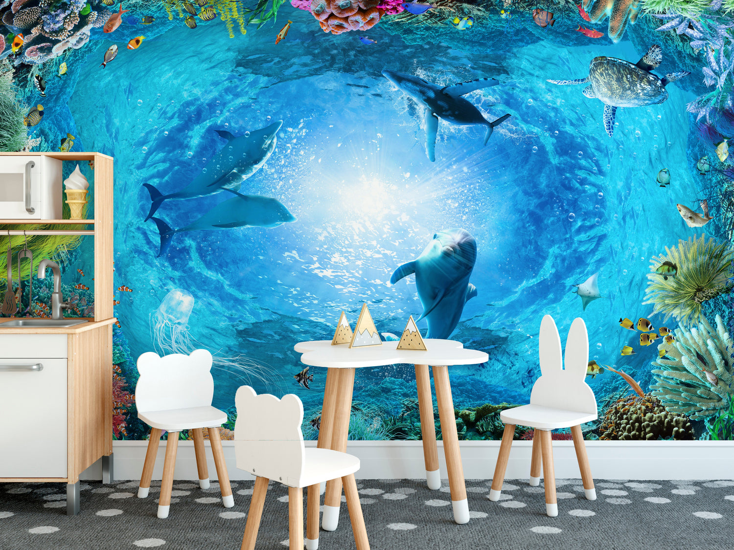 dolphin wallpaper with playful ocean murals for kids rooms and coastal spaces