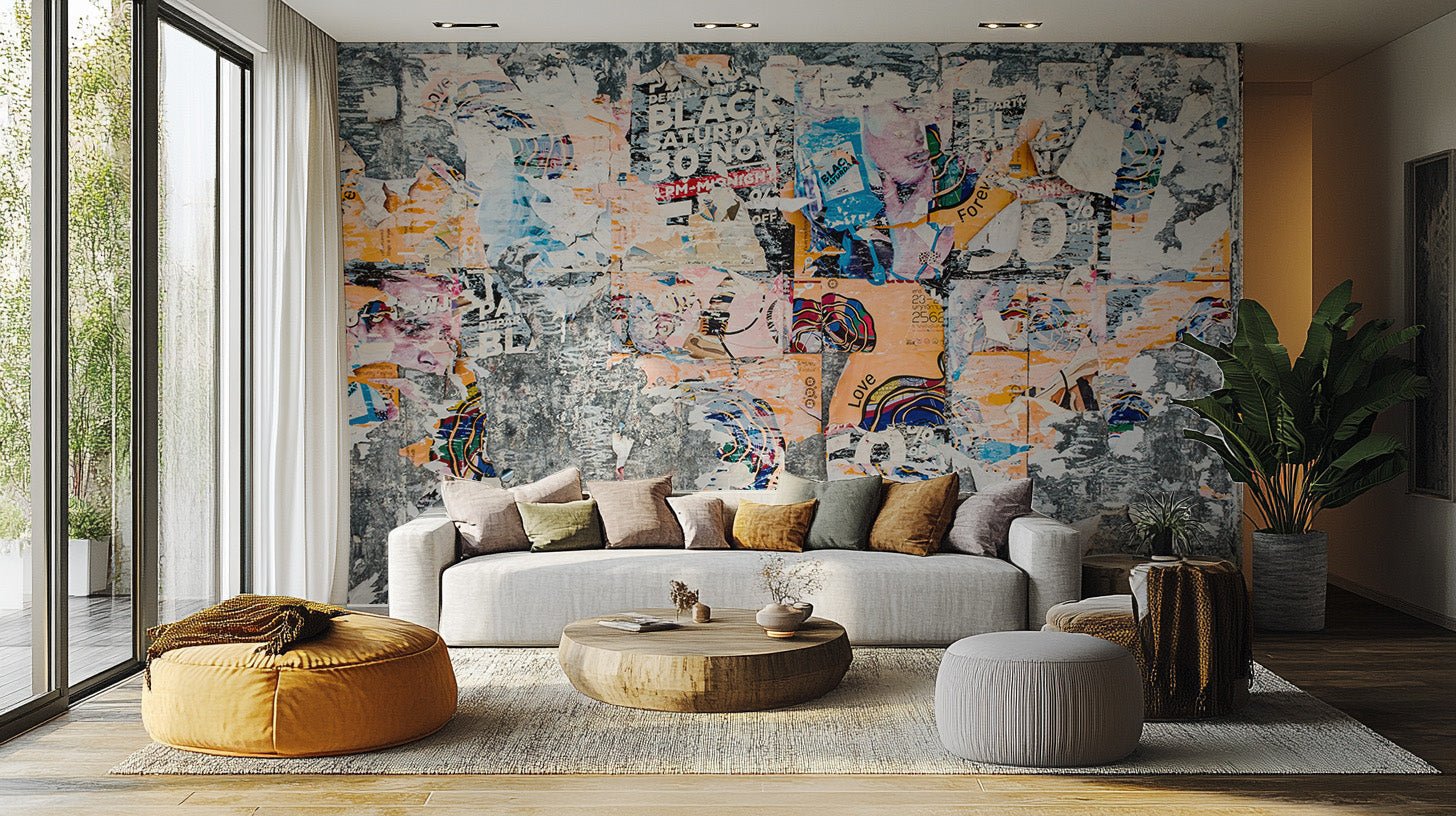 A collection of urban wallpaper design samples, featuring cityscape, industrial brick, and metropolitan map patterns.