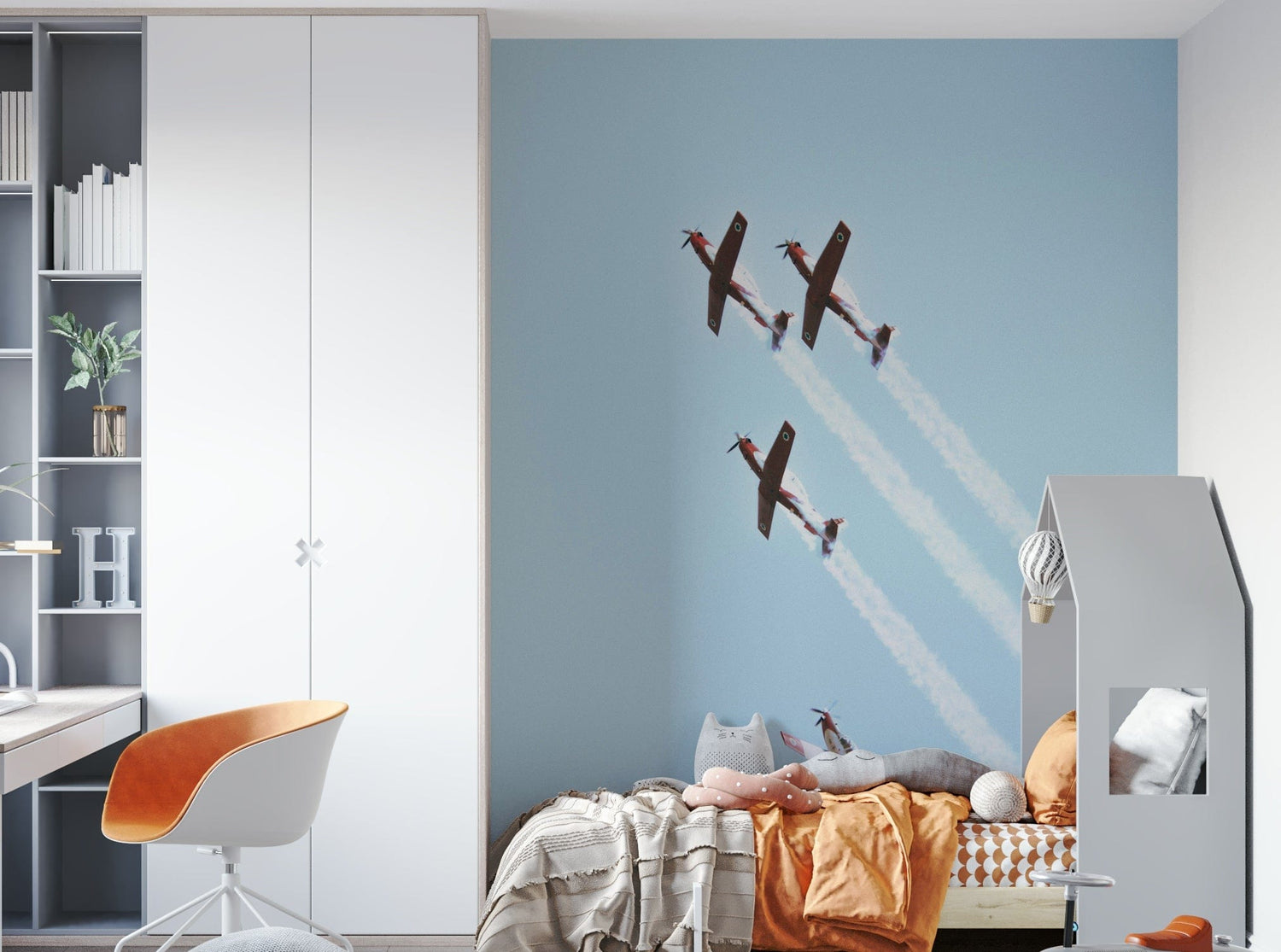 airplane wallpaper mural with vintage planes and clouds for kids rooms