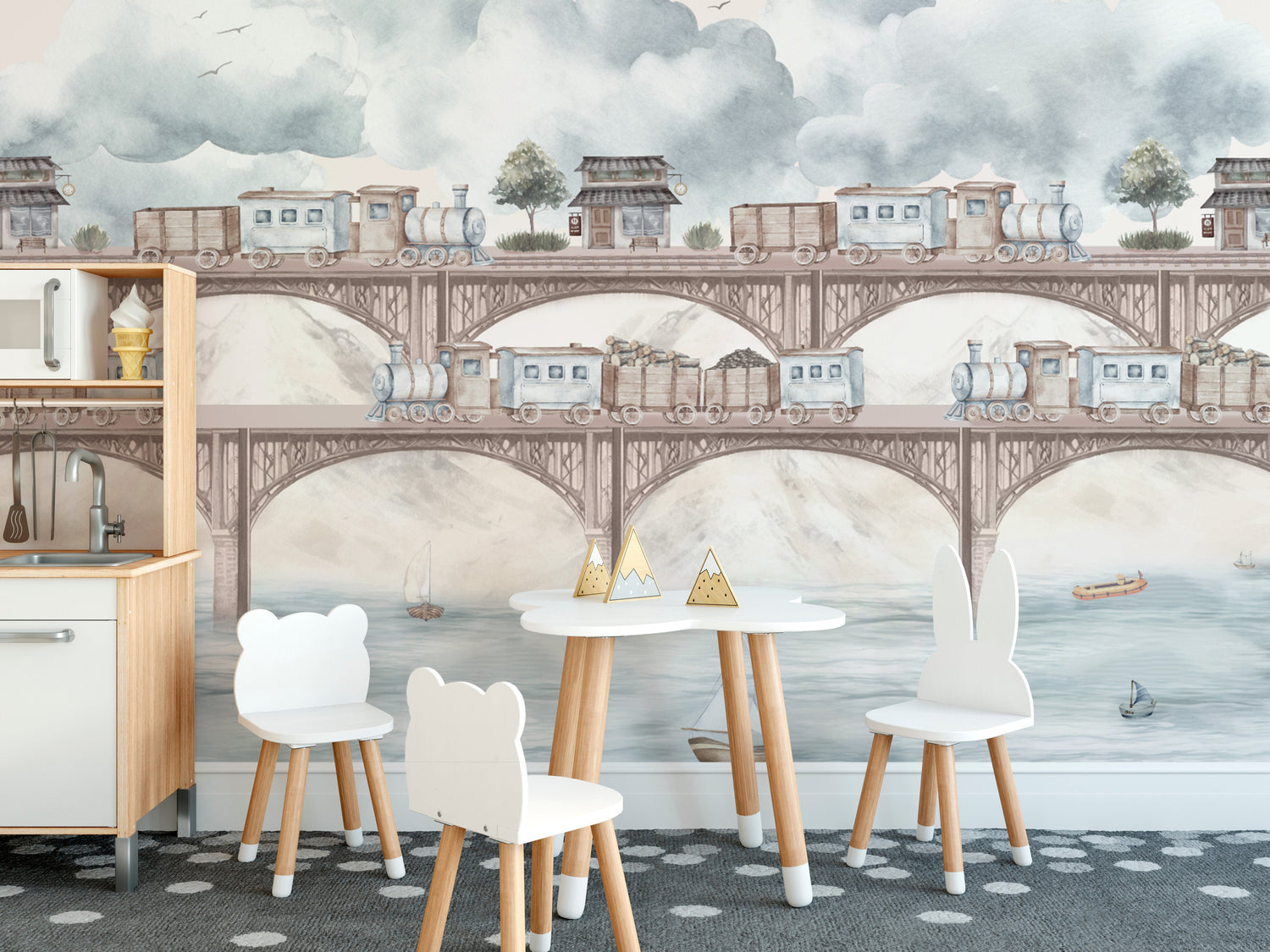 train wallpaper mural with steam engine railway scene for kids room