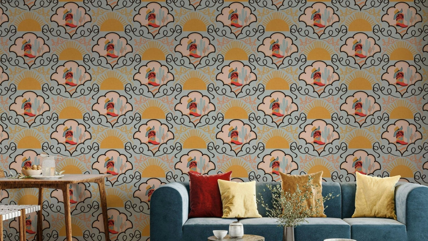 western wallpaper mural with cowboy desert and cactus sunset scene