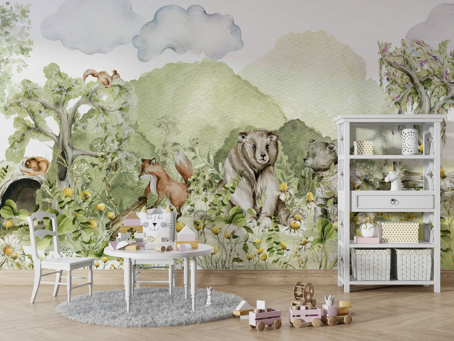 hedgehog wallpaper with woodland mural for a nursery wall
