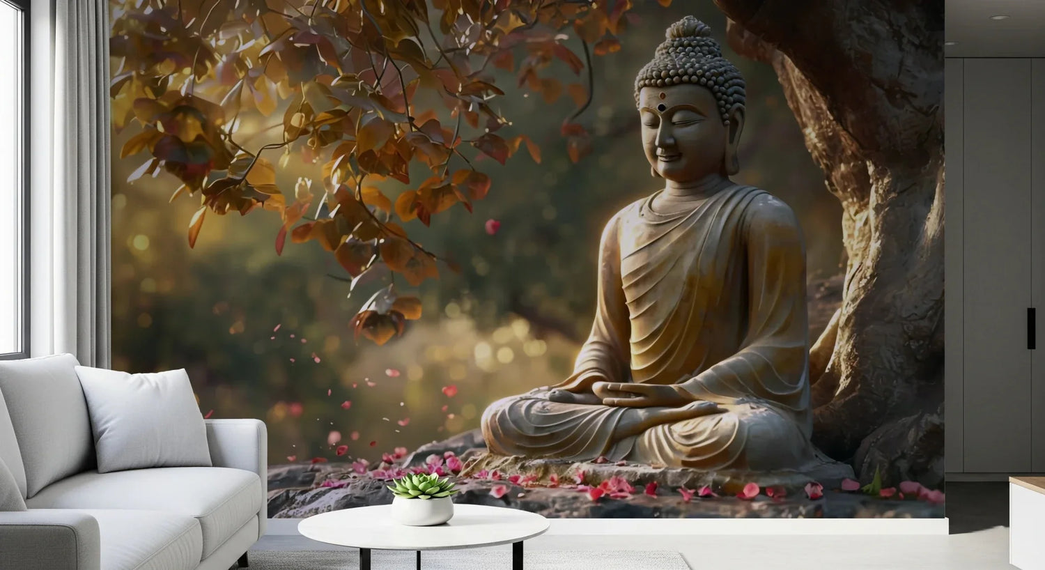 buddha wallpaper mural with serene stone statue for meditation rooms