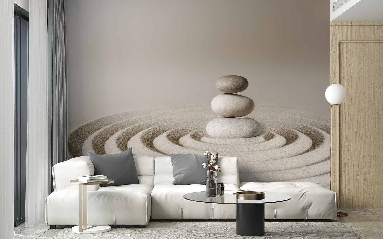 Zen wallpaper mural featuring a serene landscape with soft greens and grey tones, perfect for a peaceful wall covering.