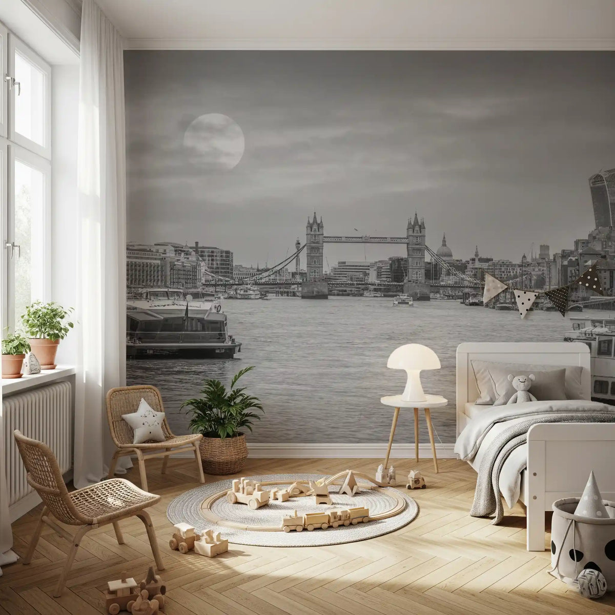 Murale panoramico delle rive del Tamigi al chiaro di luna