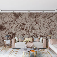 Papier peint panoramique mural botanique monochrome en dessin au trait