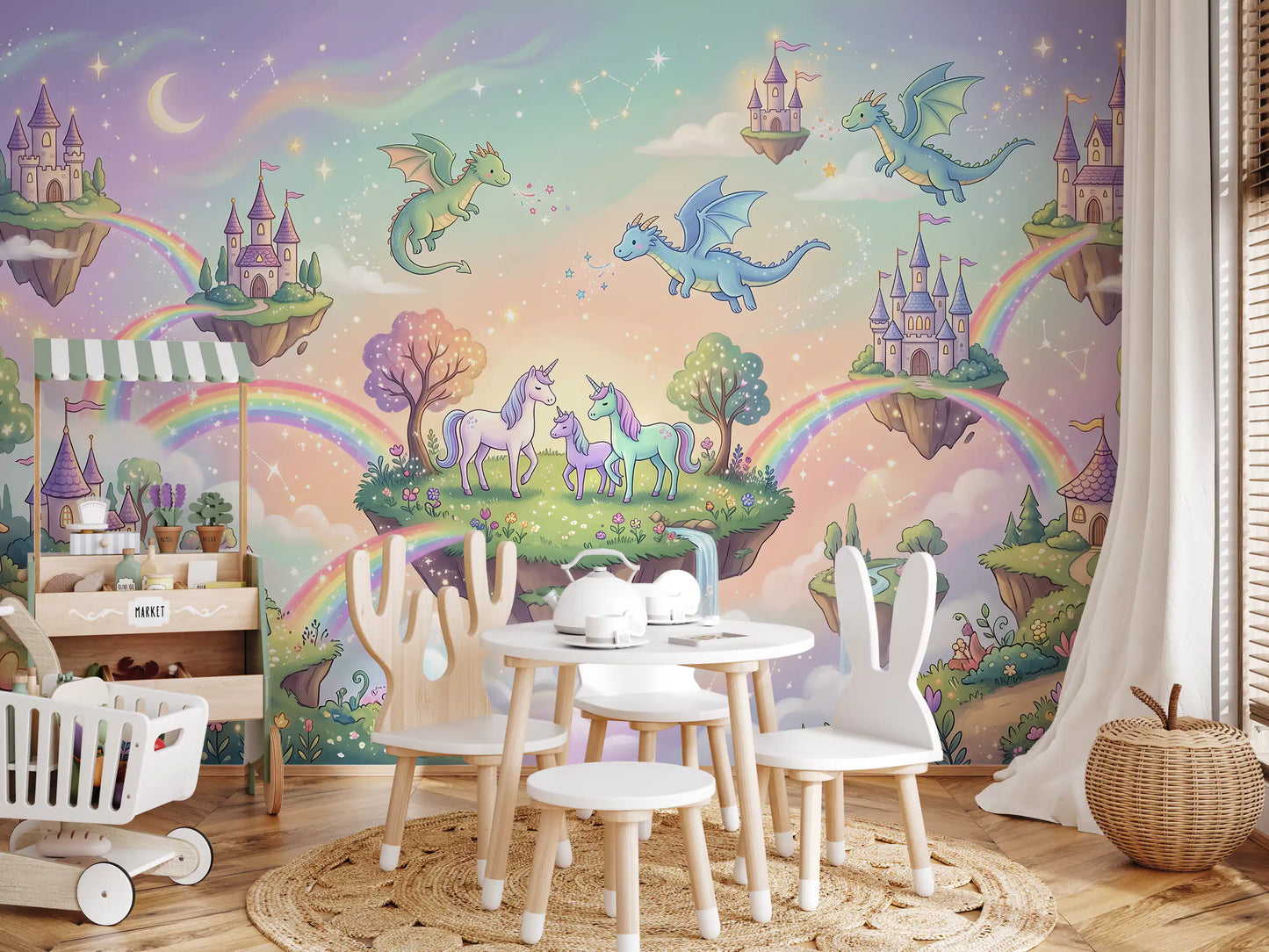 Mural de pared de Islas Flotantes Mágicas y Amigos Míticos