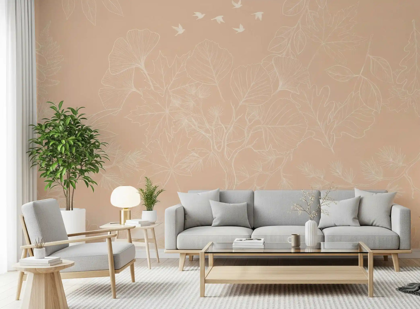 Papier peint panoramique mural botanique aux traits délicats, pêche et serein