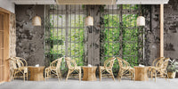 Overgrown vines on aged window mural for nature lovers
