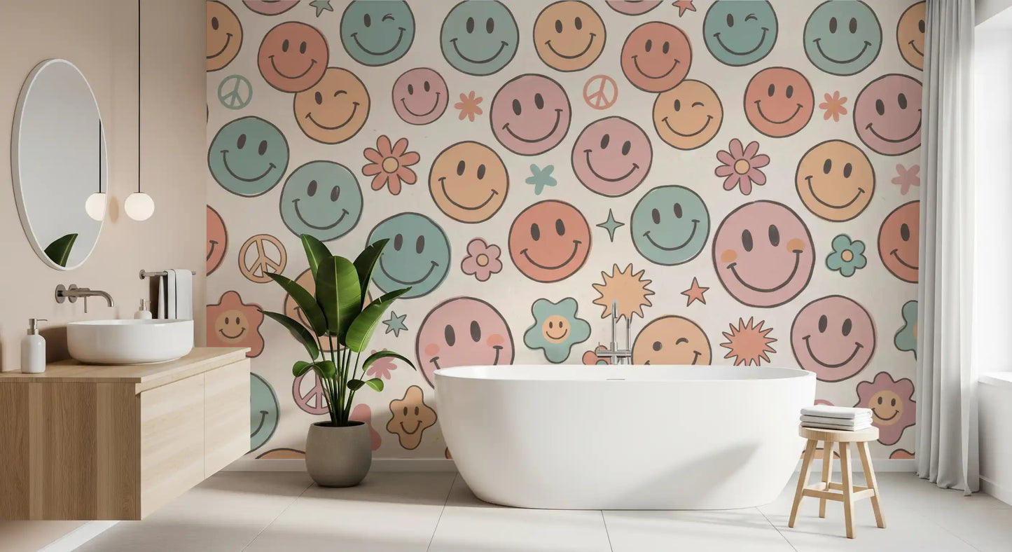 Papier peint panoramique mural rétro à visages joyeux et sourires psychédéliques